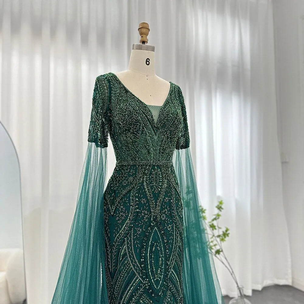 Luxury Emerald Green Evening Dress with Cape Sleeves SS152