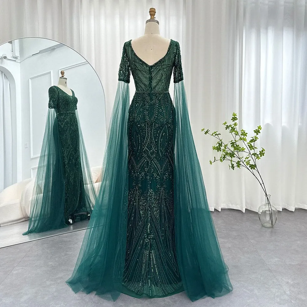 Luxury Emerald Green Evening Dress with Cape Sleeves SS152