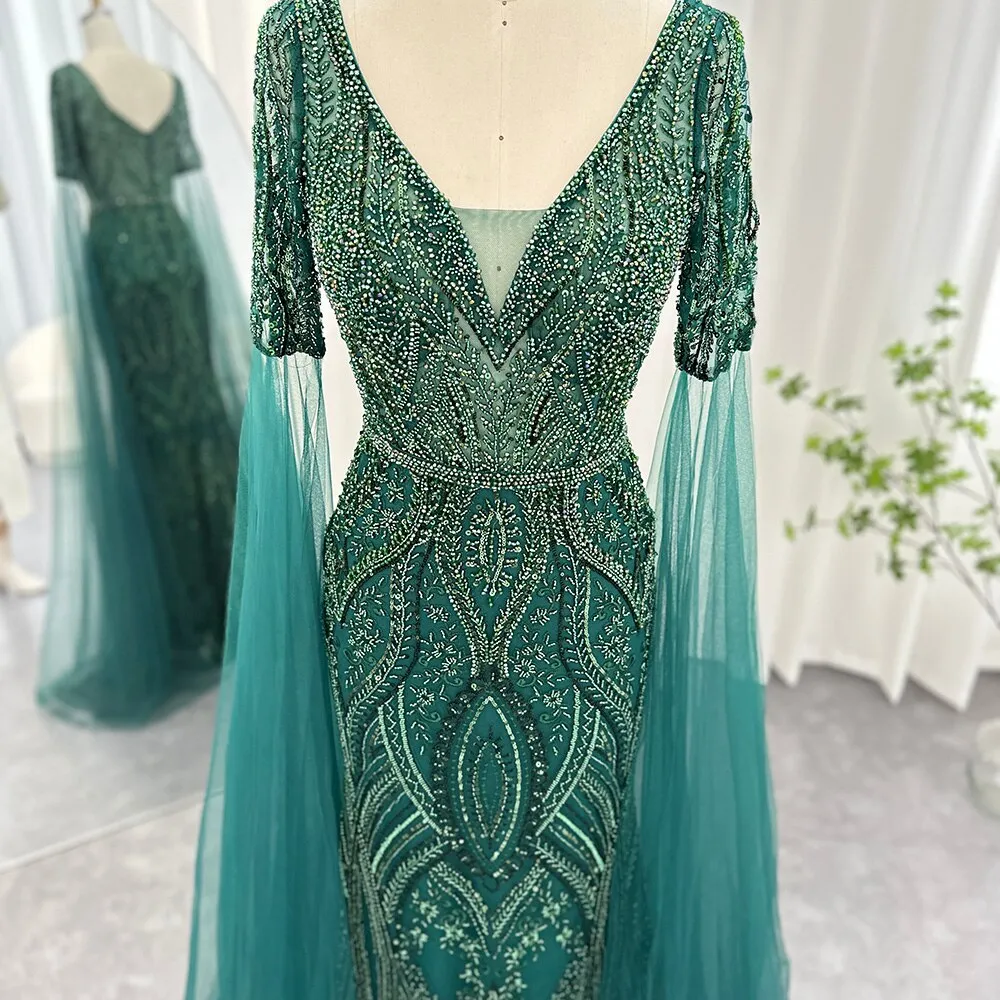 Luxury Emerald Green Evening Dress with Cape Sleeves SS152