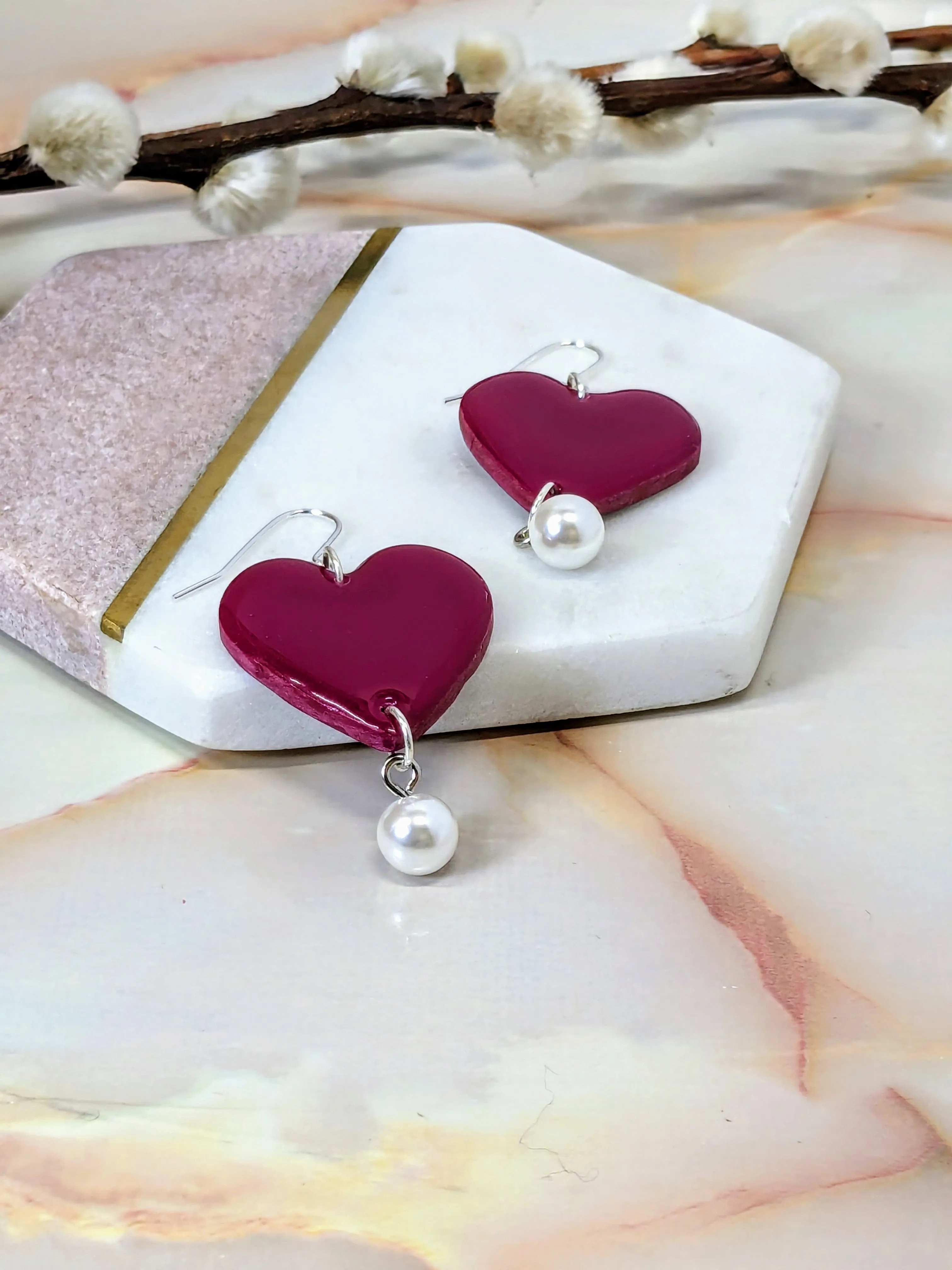 Milena Heart Polymer Clay Dangle Earrings with Pearl Charm | Handmade Romantic Boho Jewellery