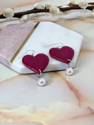 Milena Heart Polymer Clay Dangle Earrings with Pearl Charm | Handmade Romantic Boho Jewellery