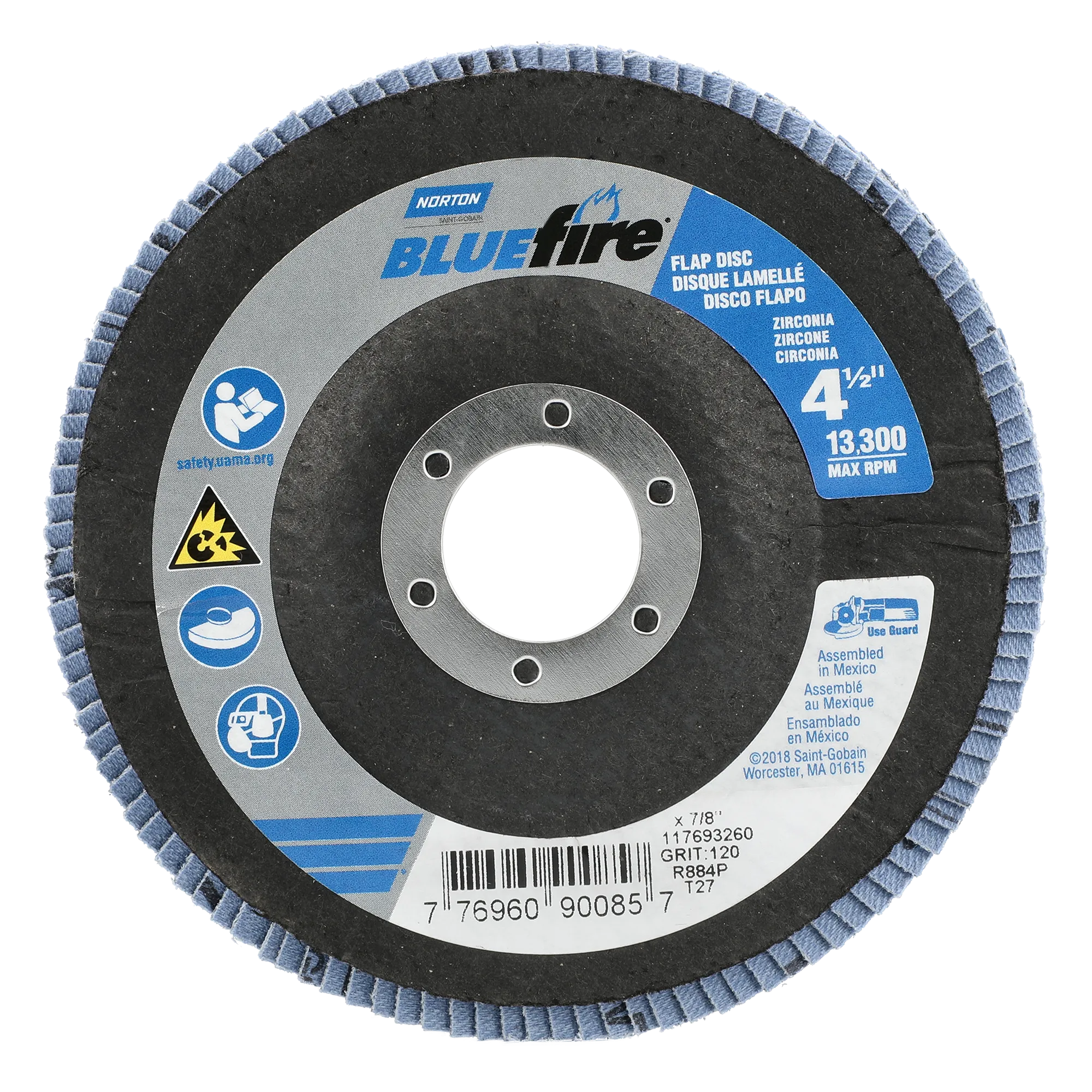 Norton 4-1/2 x 7/8 In. BlueFire Fiberglass HD Flat Flap Disc T27 P120 Grit R884P2 ZA 10 Count