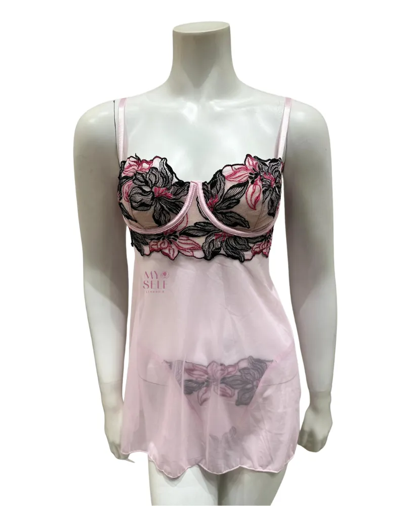 Oh La La Cheri Pink Tulle Multi Embroidery Underwire Chemise & Panty