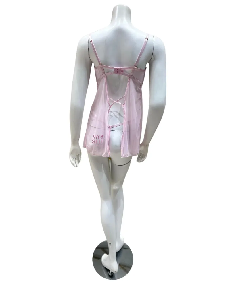 Oh La La Cheri Pink Tulle Multi Embroidery Underwire Chemise & Panty