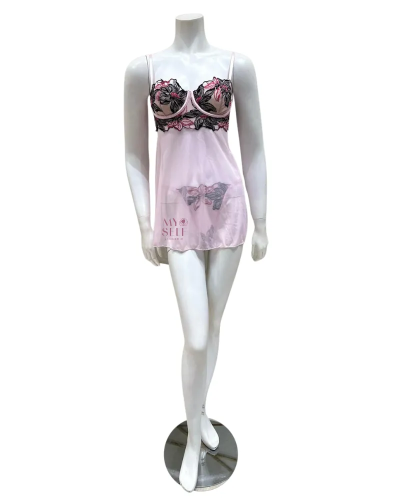 Oh La La Cheri Pink Tulle Multi Embroidery Underwire Chemise & Panty