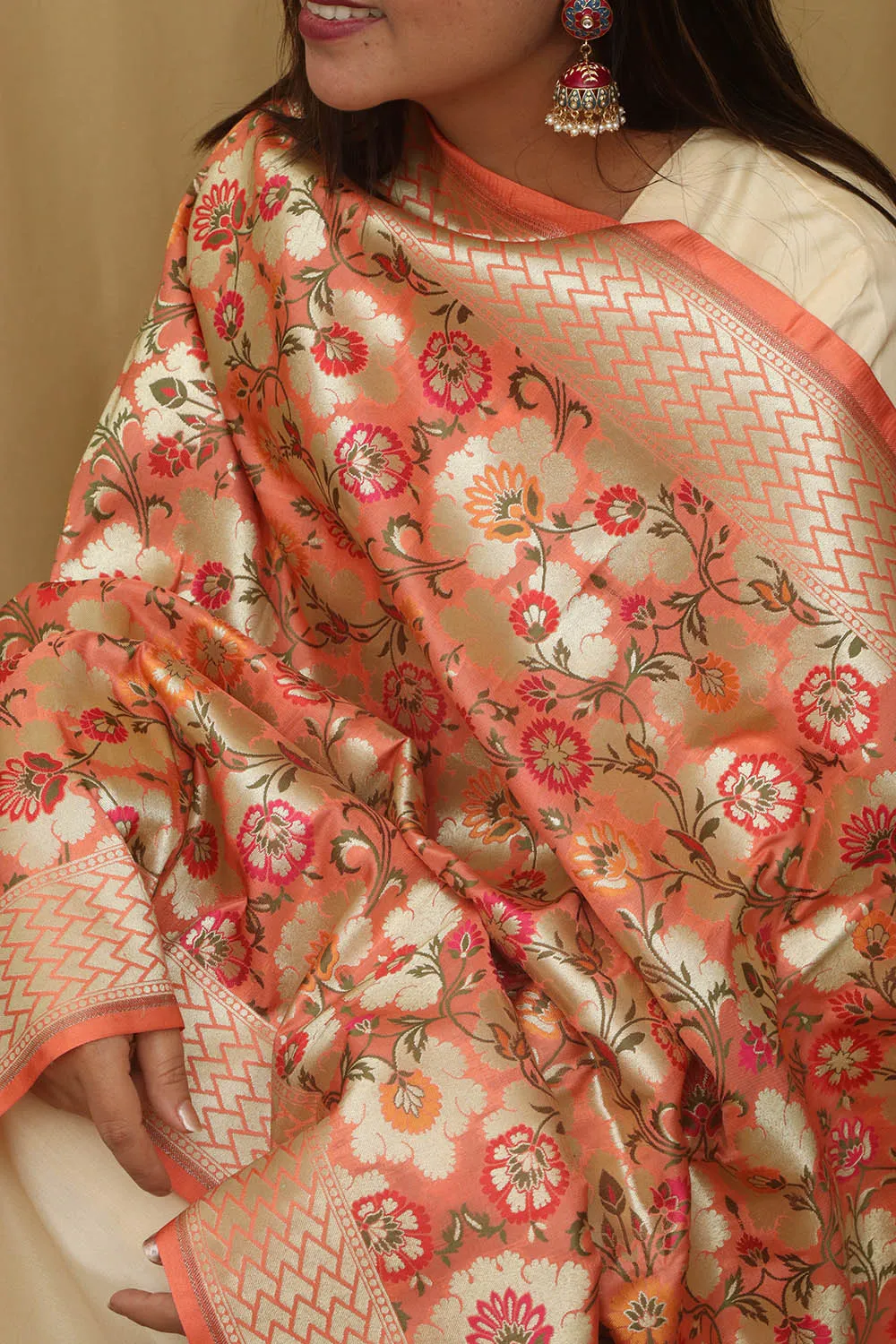 Orange Banarasi Kimkhwab Design Silk Dupatta - Elegant and Luxurious