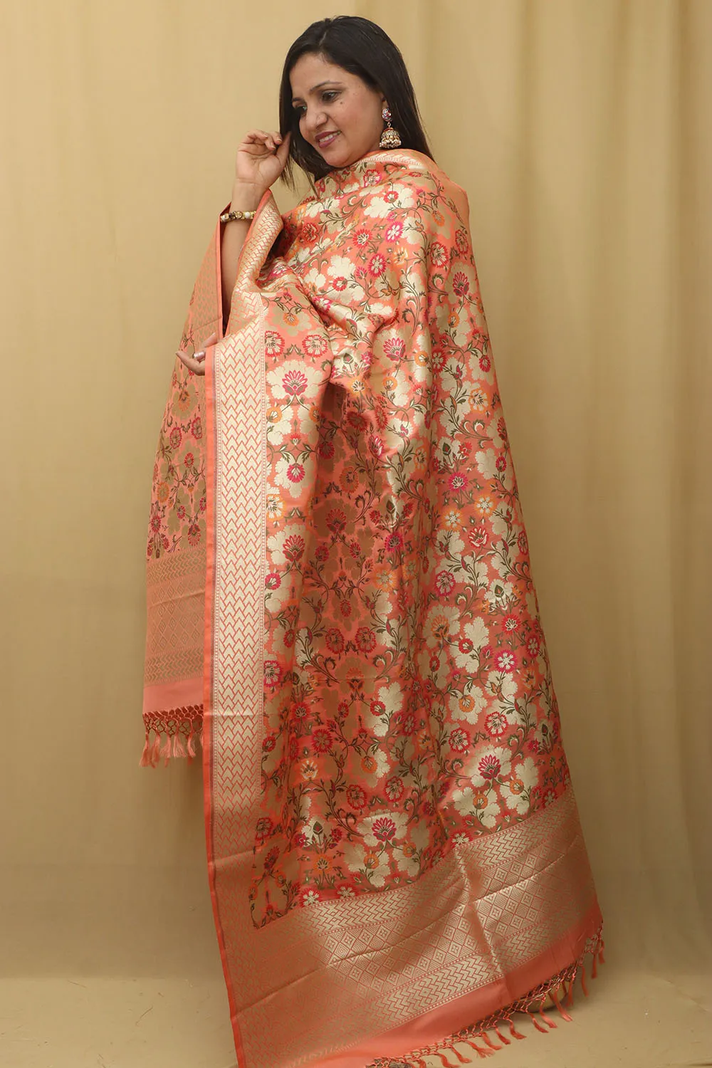 Orange Banarasi Kimkhwab Design Silk Dupatta - Elegant and Luxurious