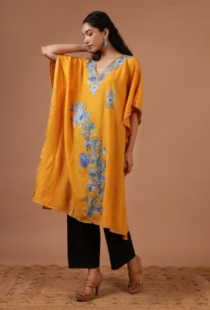 Orange Yellow Cotton Crush Ari Embroidered Kaftan- Free Size