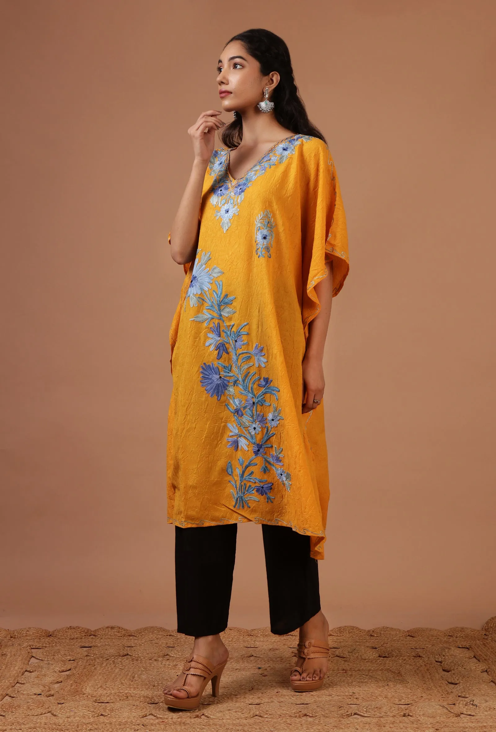 Orange Yellow Cotton Crush Ari Embroidered Kaftan- Free Size