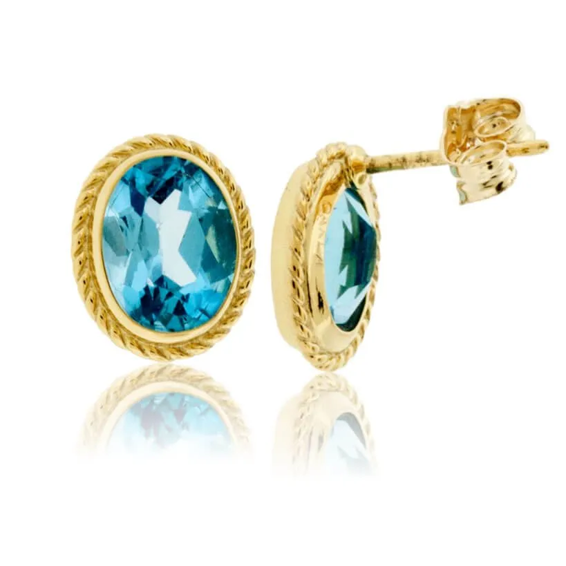 Oval Blue Topaz & Rope Halo Earrings