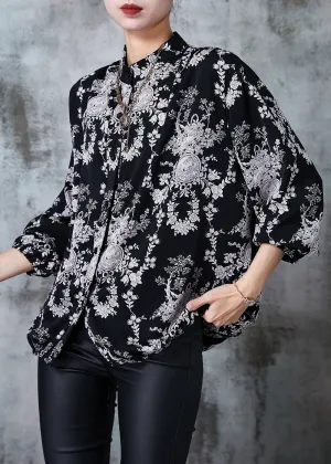 Plus Size Black Stand Collar Print Chiffon Shirts Summer