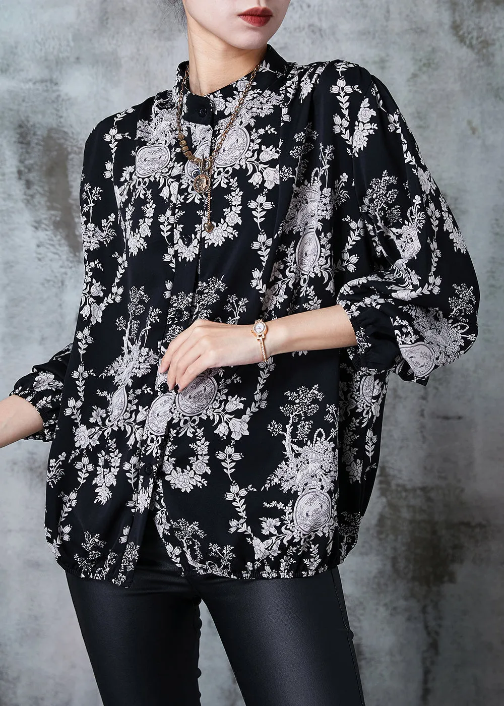 Plus Size Black Stand Collar Print Chiffon Shirts Summer