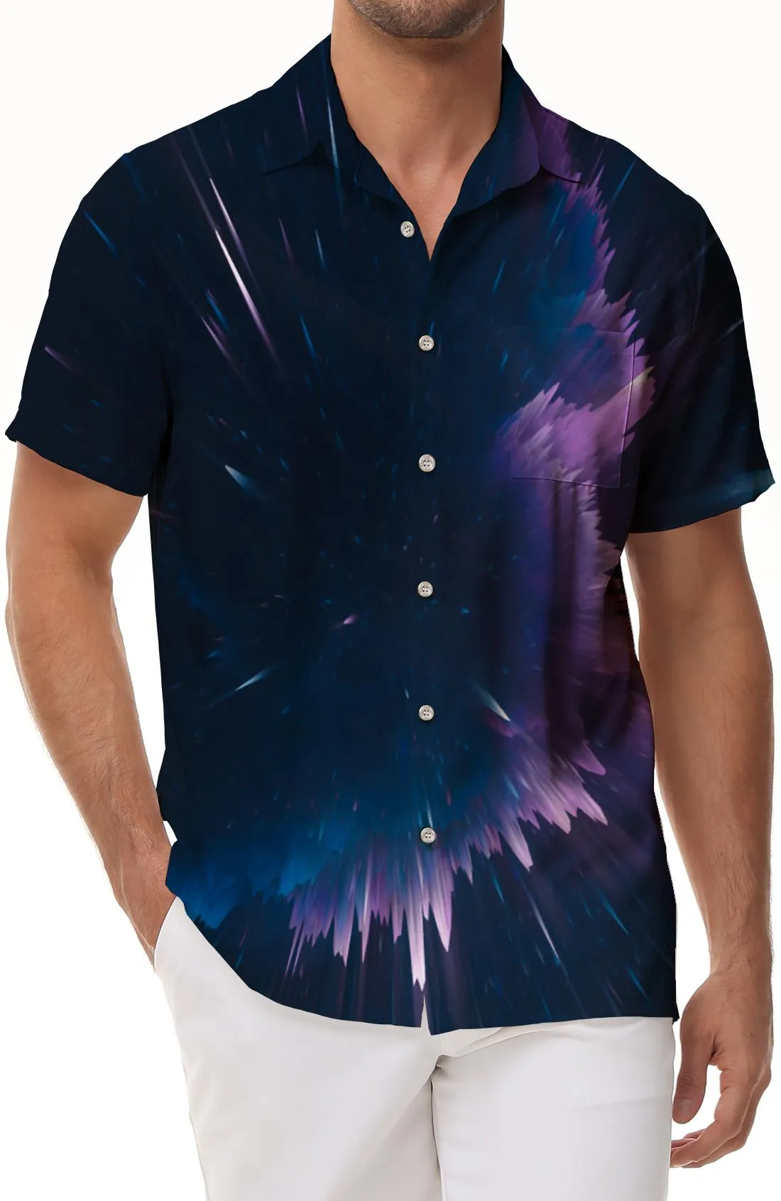 Purple meteor shower tropical four seasons daily casual style Hawaiian button abstract print geometric men's shirt travel short-sleeved clothes