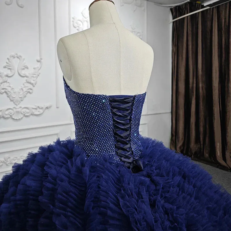 Quinceanera Dress Classic Dark Navy Strapless Quinceanera Dresses Sleeveless Sweetheart Beading Ball Gown