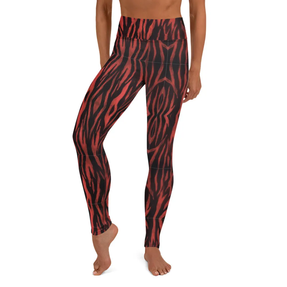 Red Tiger Yoga Leggings, Animal Print Tiger Striped Designer Gym Tights-Made in USA/EU/MX