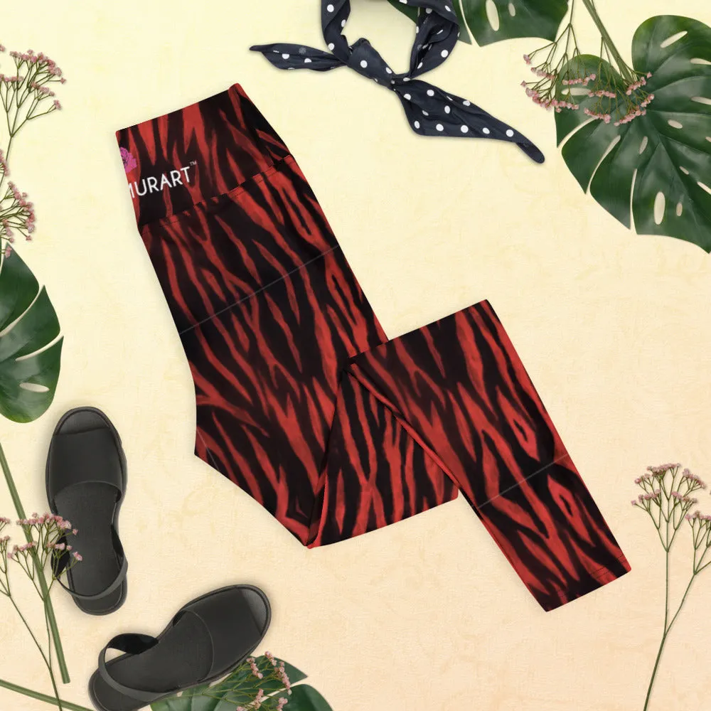 Red Tiger Yoga Leggings, Animal Print Tiger Striped Designer Gym Tights-Made in USA/EU/MX