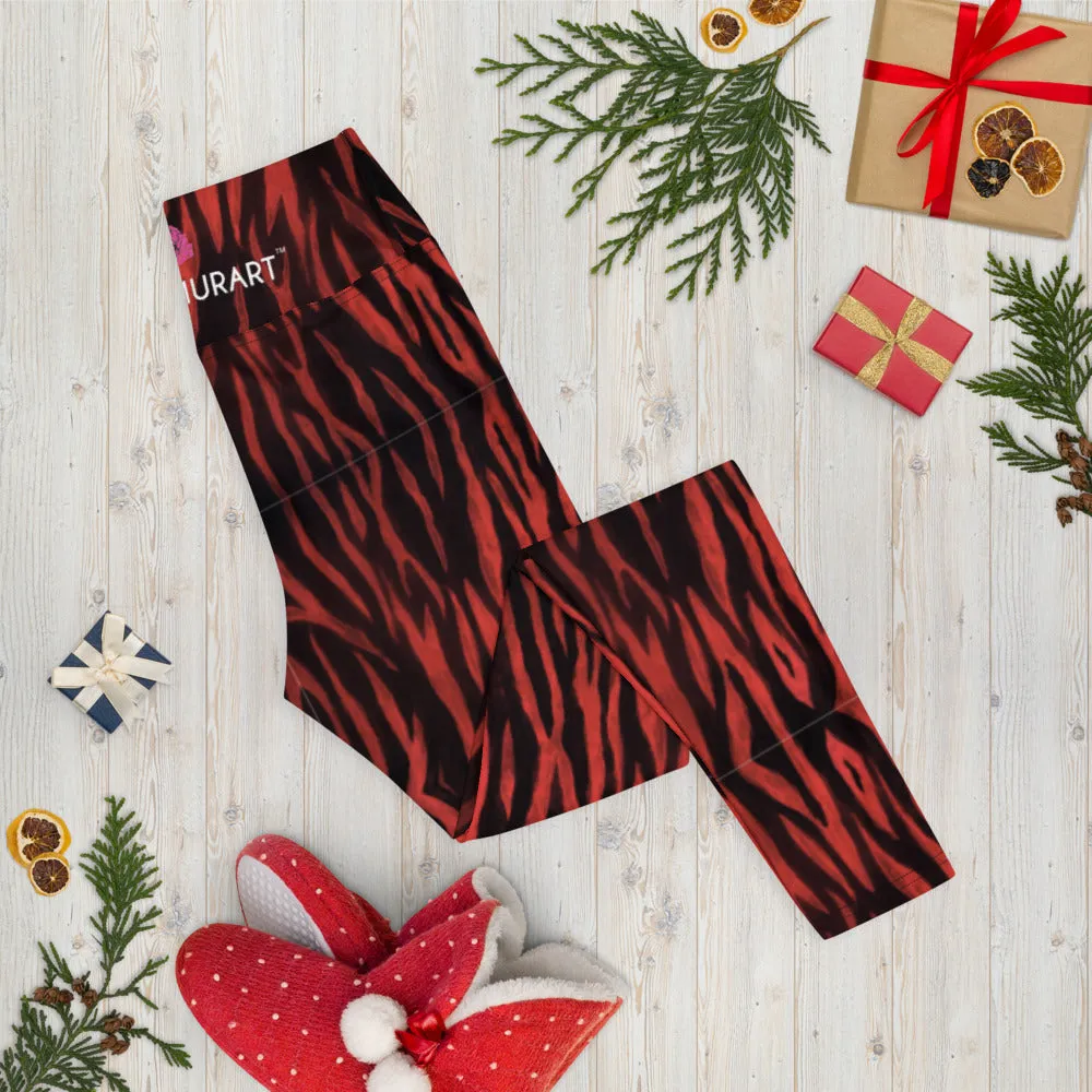 Red Tiger Yoga Leggings, Animal Print Tiger Striped Designer Gym Tights-Made in USA/EU/MX