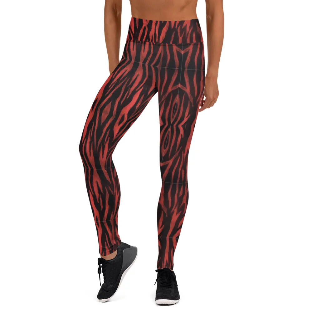 Red Tiger Yoga Leggings, Animal Print Tiger Striped Designer Gym Tights-Made in USA/EU/MX