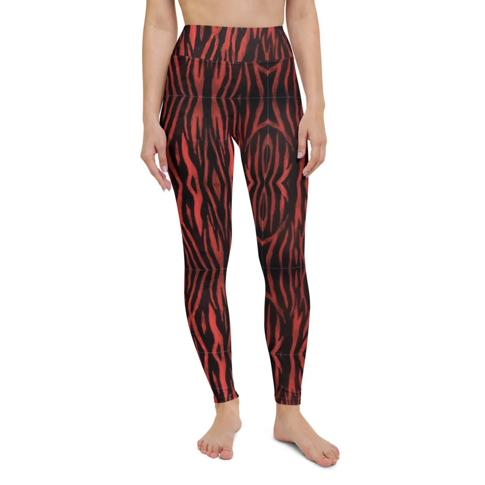 Red Tiger Yoga Leggings, Animal Print Tiger Striped Designer Gym Tights-Made in USA/EU/MX