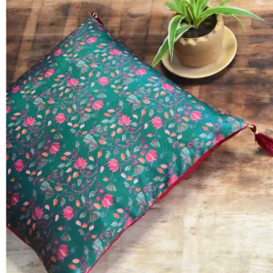 Silk Cushion Cover | Floral Print | Green | 40 x 40 cm