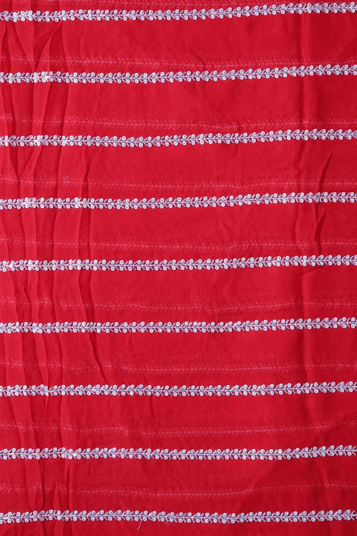 Silver Beads With Sequins Beautiful Stripes Handwork Embroidery On Red Viscose Georgette Fabric