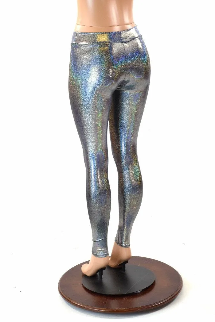 Silver Holographic Mid Rise Leggings