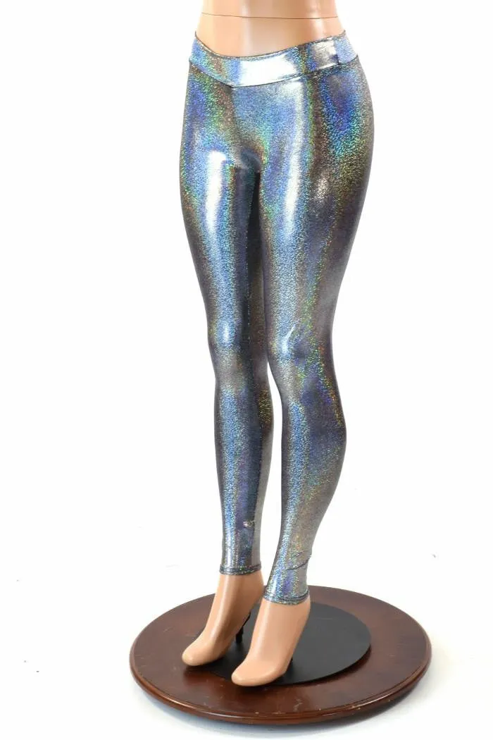 Silver Holographic Mid Rise Leggings