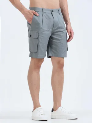 Soft Cotton Pleated Steel Grey Cargo Shorts