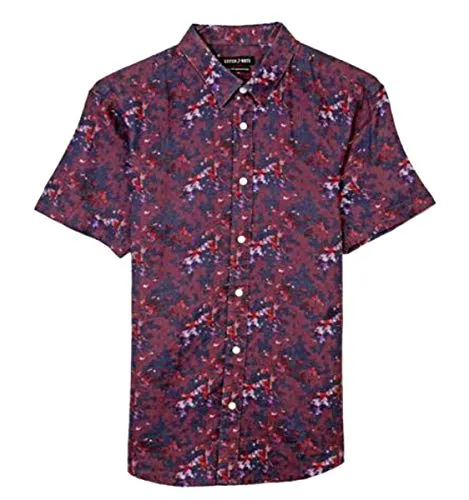 Stitch Note Short Sleeve Linen Floral Digital Print Button Down Casual Shirt