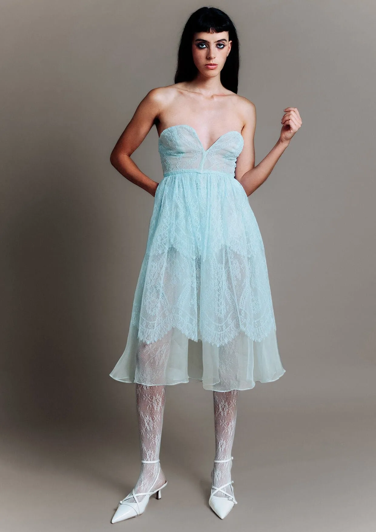 Strapless Lace Silk Midi Dress