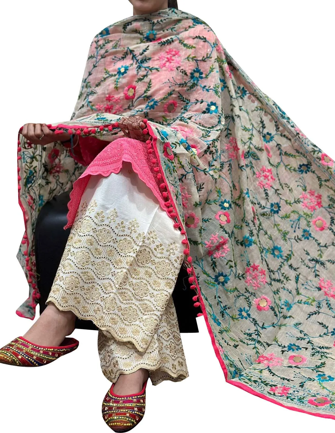 Stunning Multicolor Phulkari Embroidered Raw Silk Dupatta - Perfect for Any Occasion!