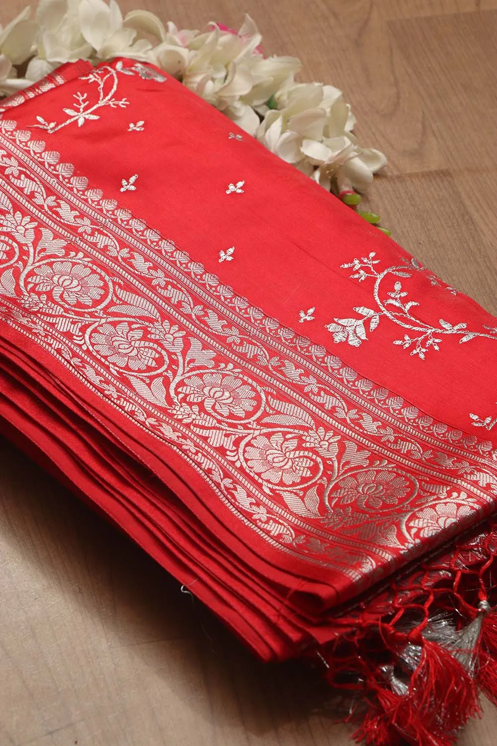 Stunning Red Banarasi Embroidered Satin Silk Saree