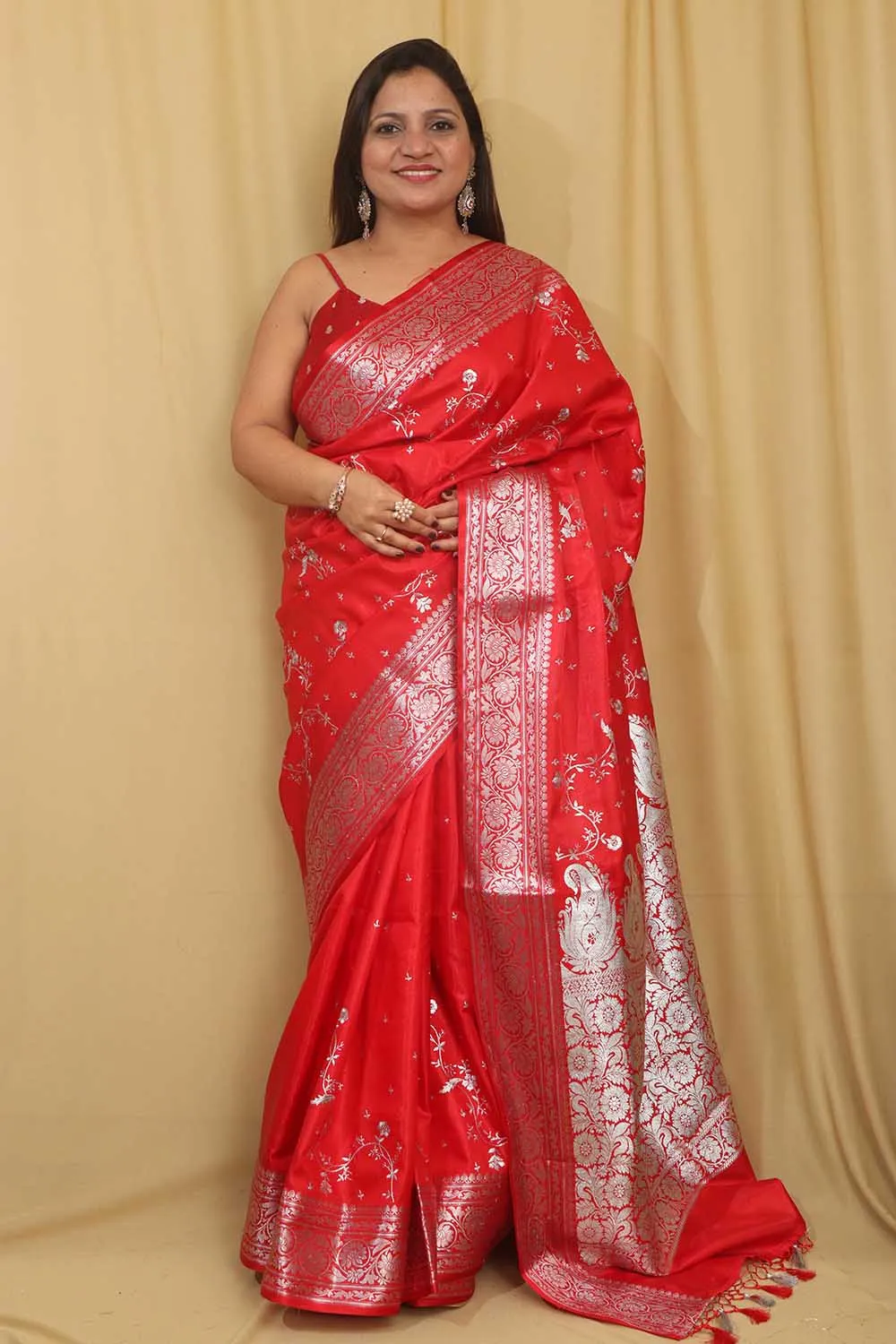 Stunning Red Banarasi Embroidered Satin Silk Saree