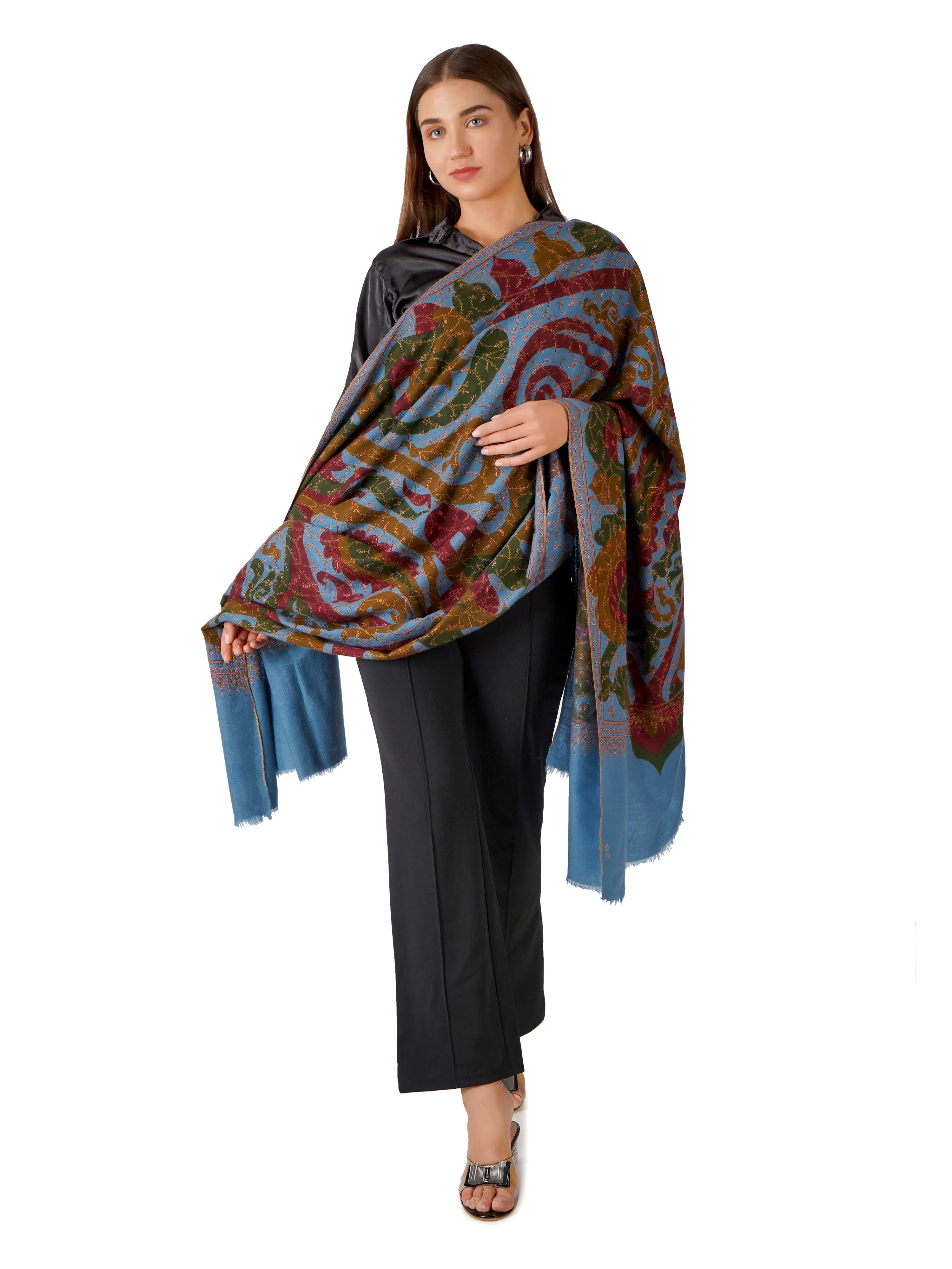 Stylish Blue Pashmina Shawl with Intricate Paisley Design