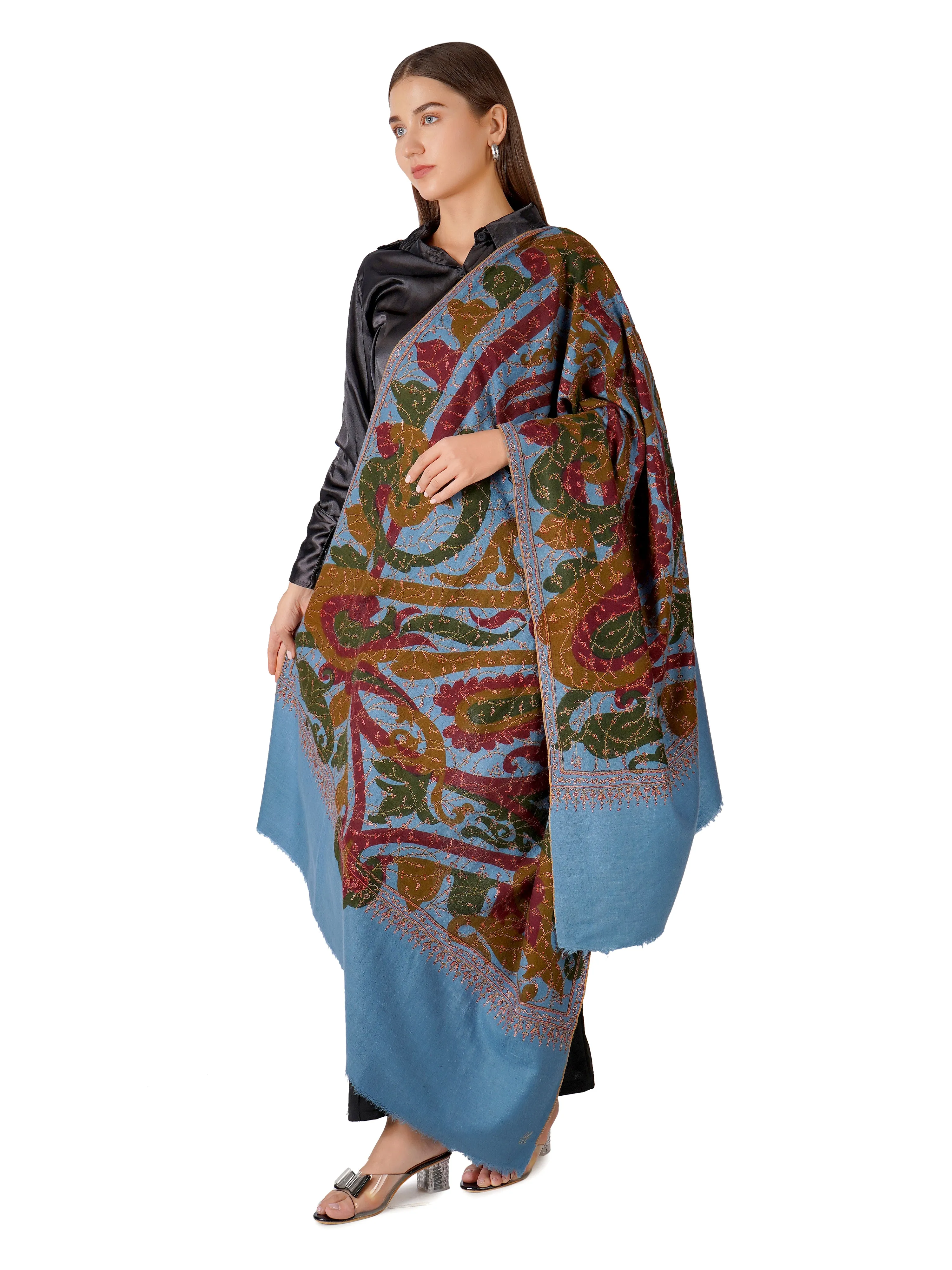 Stylish Blue Pashmina Shawl with Intricate Paisley Design