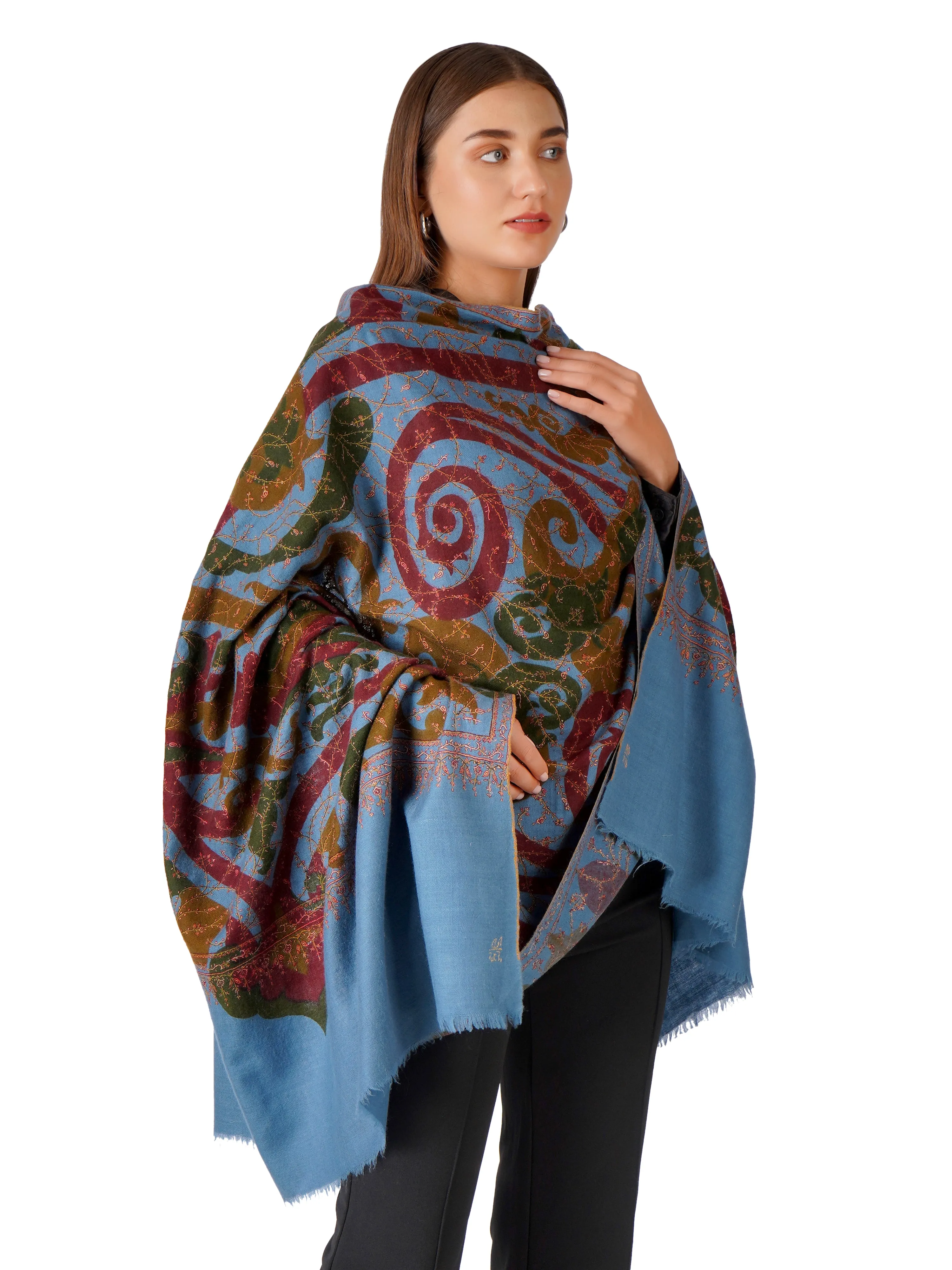 Stylish Blue Pashmina Shawl with Intricate Paisley Design