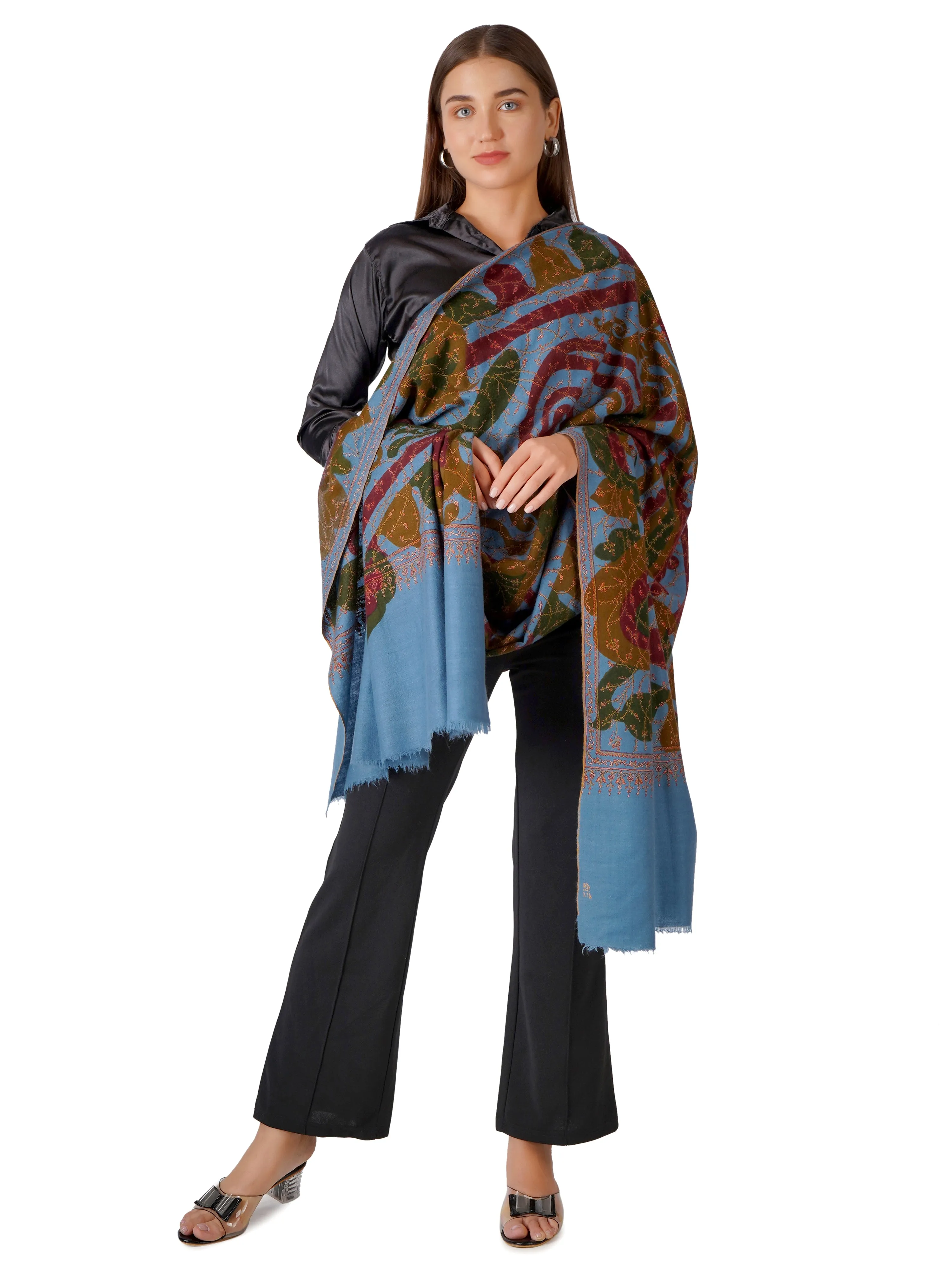 Stylish Blue Pashmina Shawl with Intricate Paisley Design