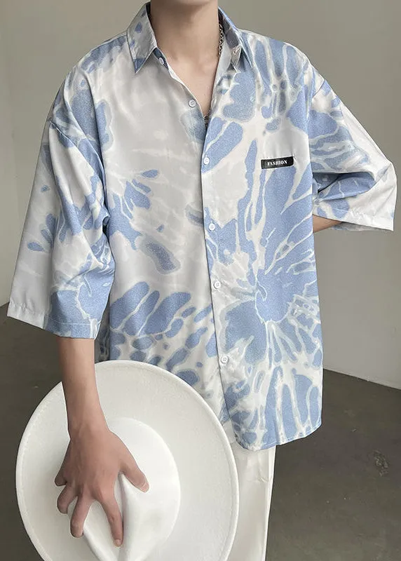 Stylish Blue Peter Pan Collar Button Tie Dye Mens Shirts Summer HG012