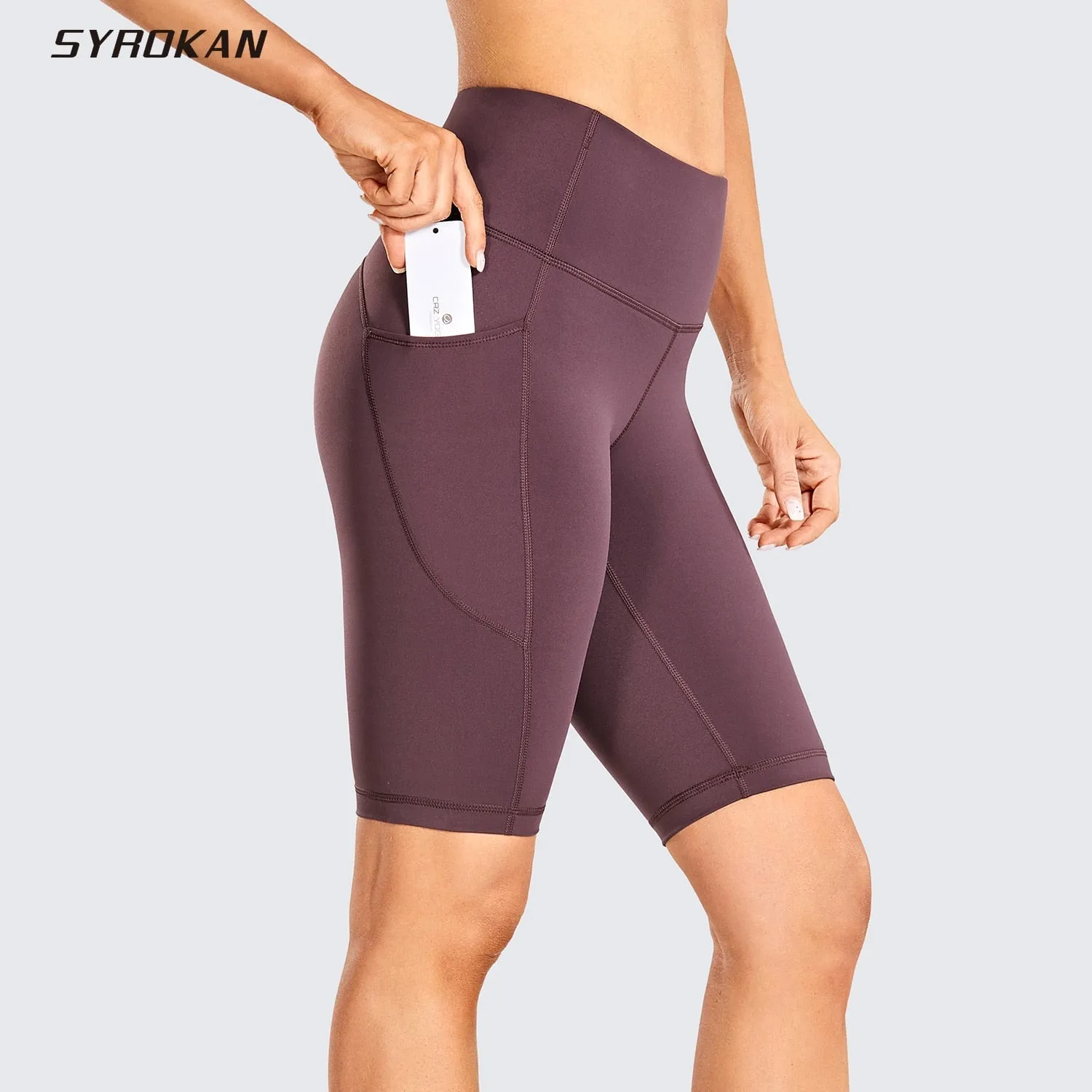 SYROKAN Poly-Spandex High Waist Biker Yoga Pocket Shorts