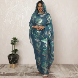 Teal Blue Sudanese Thobe Fabric in Pure Silk Chiffon with Metallic Lurex, 4.5 Meters, 110 cm Width-D20405