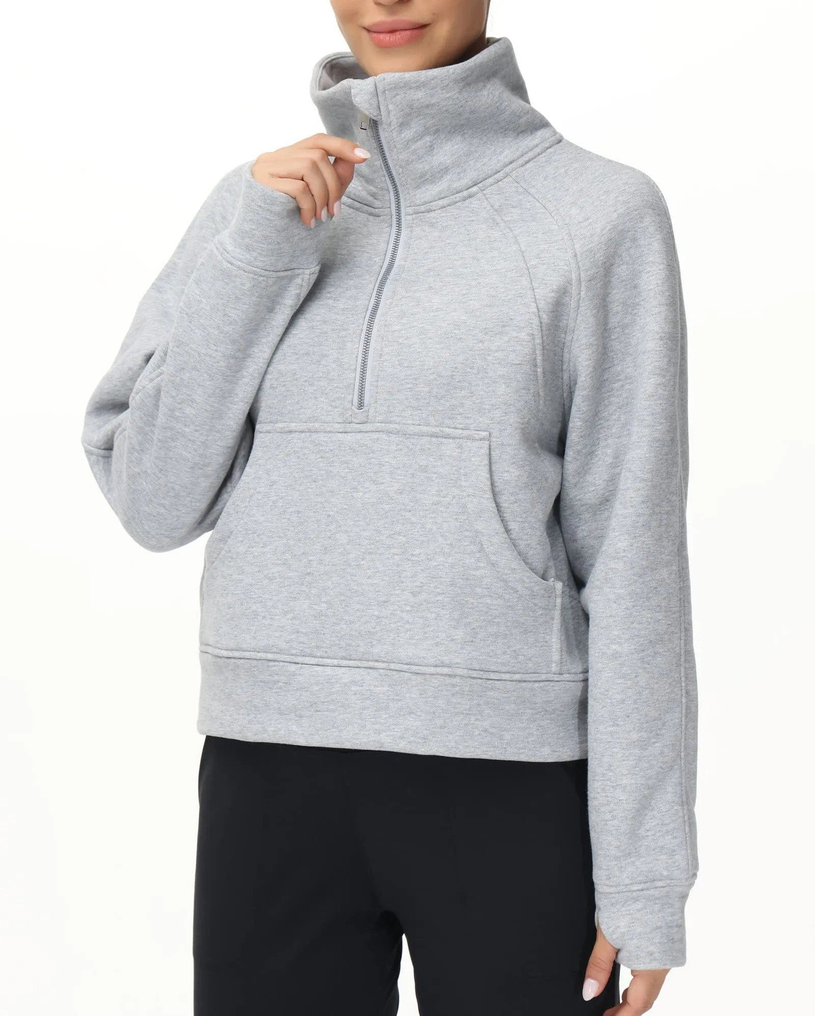 THE GYM PEOPLE Women's Half Zip Pullover Sweatshirt Fleece Stand Collar Crop Sweatshirt with Pockets Thumb Hole Grey