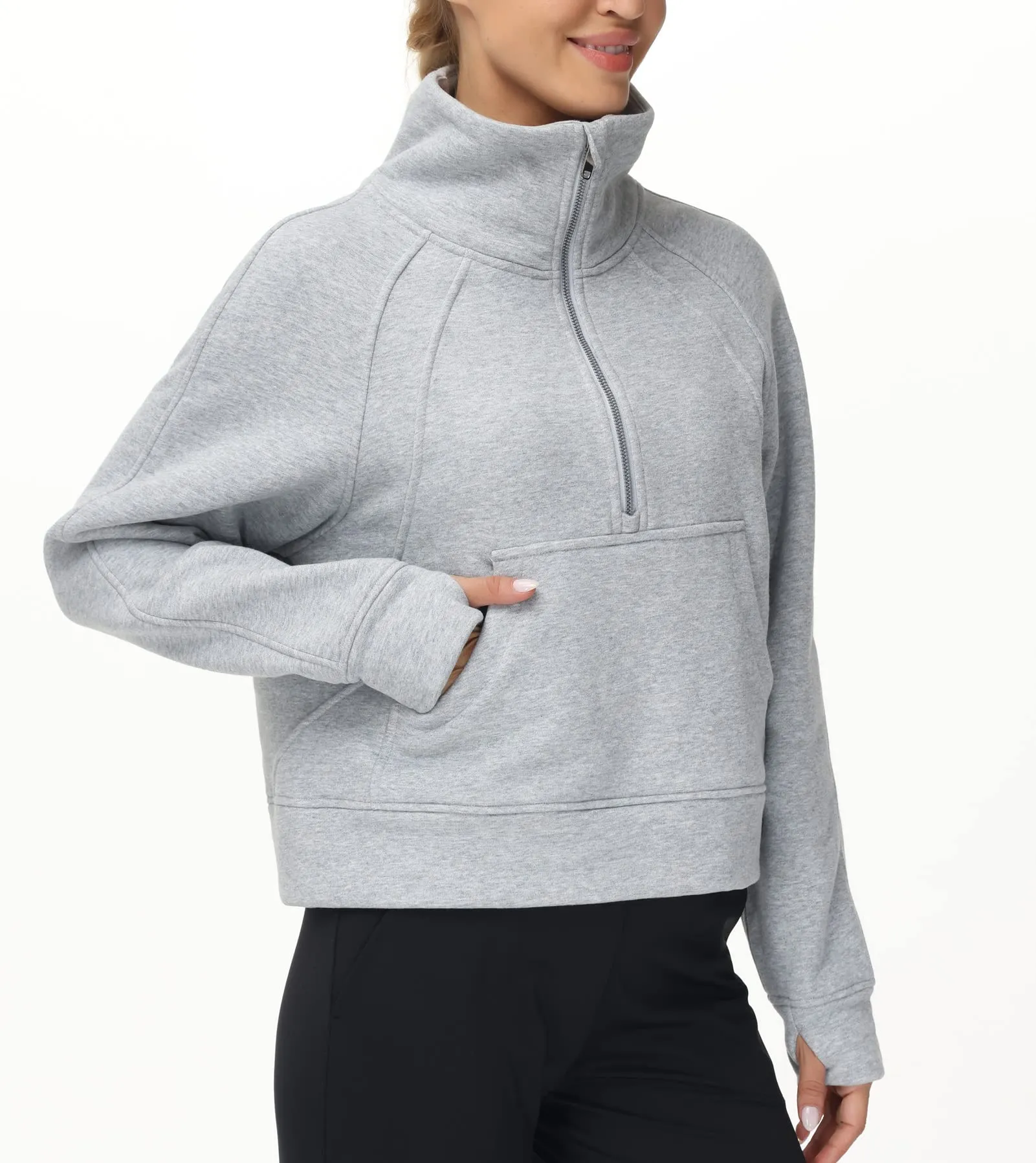 THE GYM PEOPLE Women's Half Zip Pullover Sweatshirt Fleece Stand Collar Crop Sweatshirt with Pockets Thumb Hole Grey