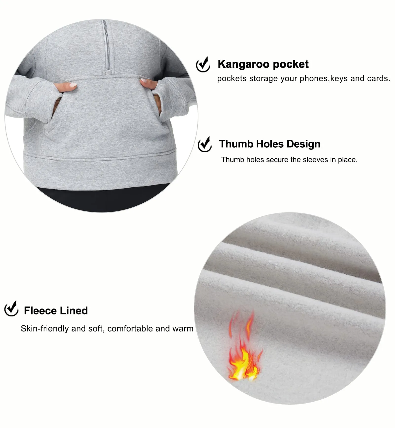 THE GYM PEOPLE Women's Half Zip Pullover Sweatshirt Fleece Stand Collar Crop Sweatshirt with Pockets Thumb Hole Grey