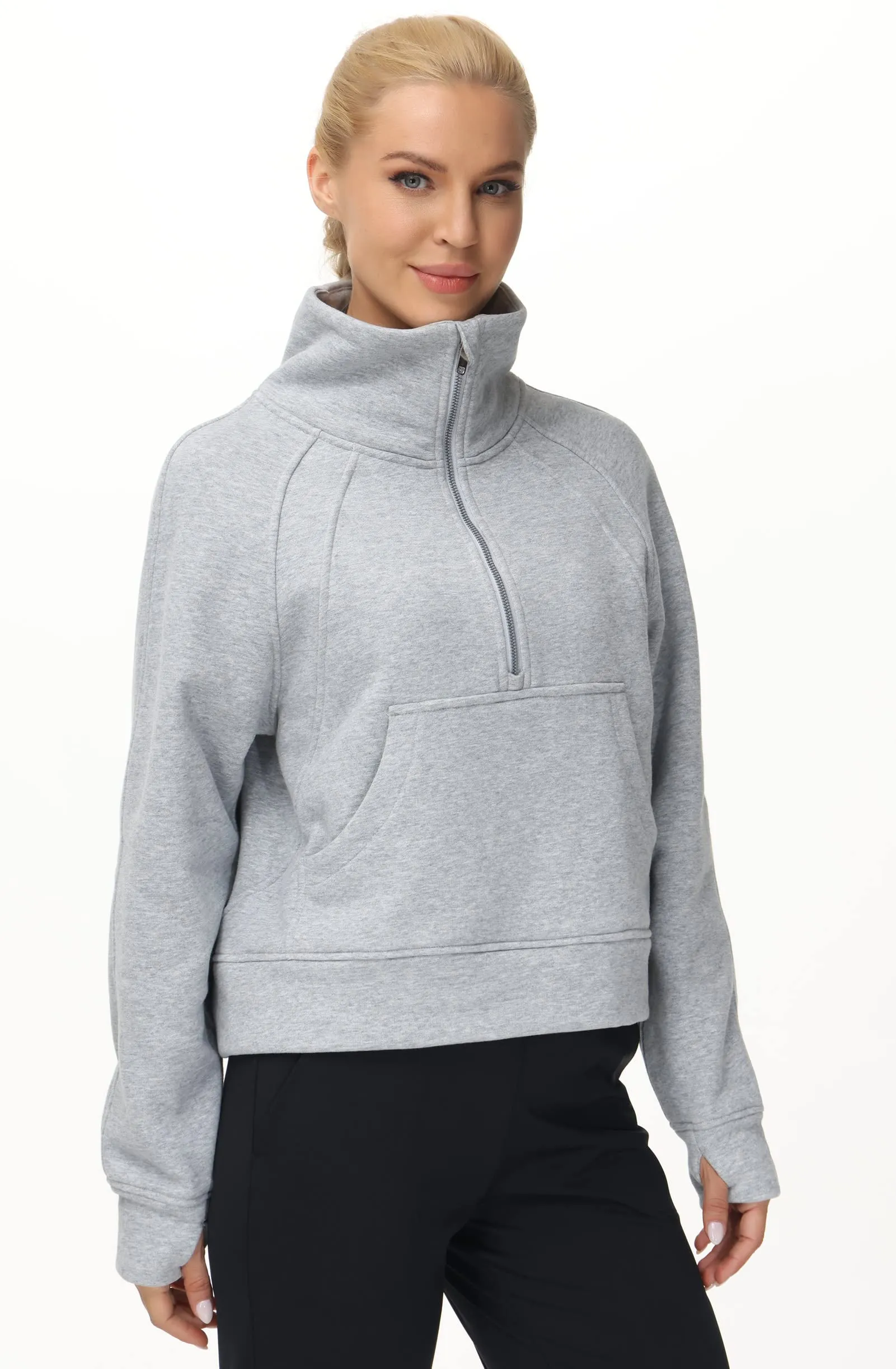 THE GYM PEOPLE Women's Half Zip Pullover Sweatshirt Fleece Stand Collar Crop Sweatshirt with Pockets Thumb Hole Grey