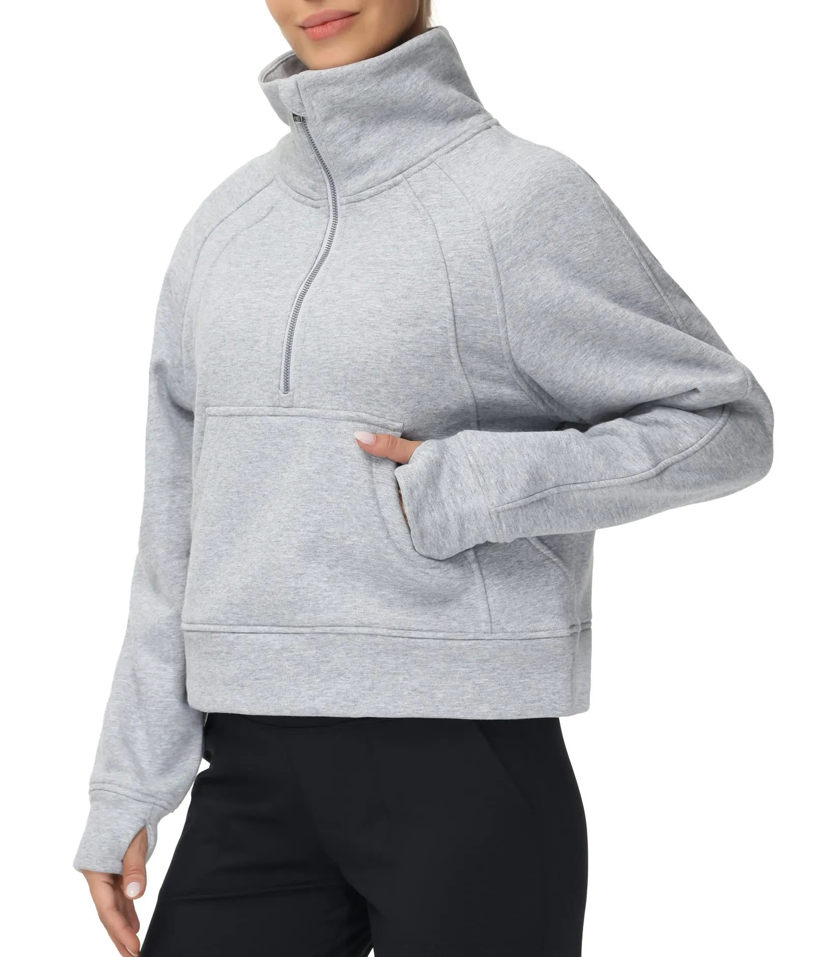 THE GYM PEOPLE Women's Half Zip Pullover Sweatshirt Fleece Stand Collar Crop Sweatshirt with Pockets Thumb Hole Grey