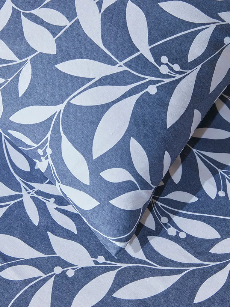 Westside Home Dark Blue Leaf Design Single Bed Flat Sheet and Pillowcase Set