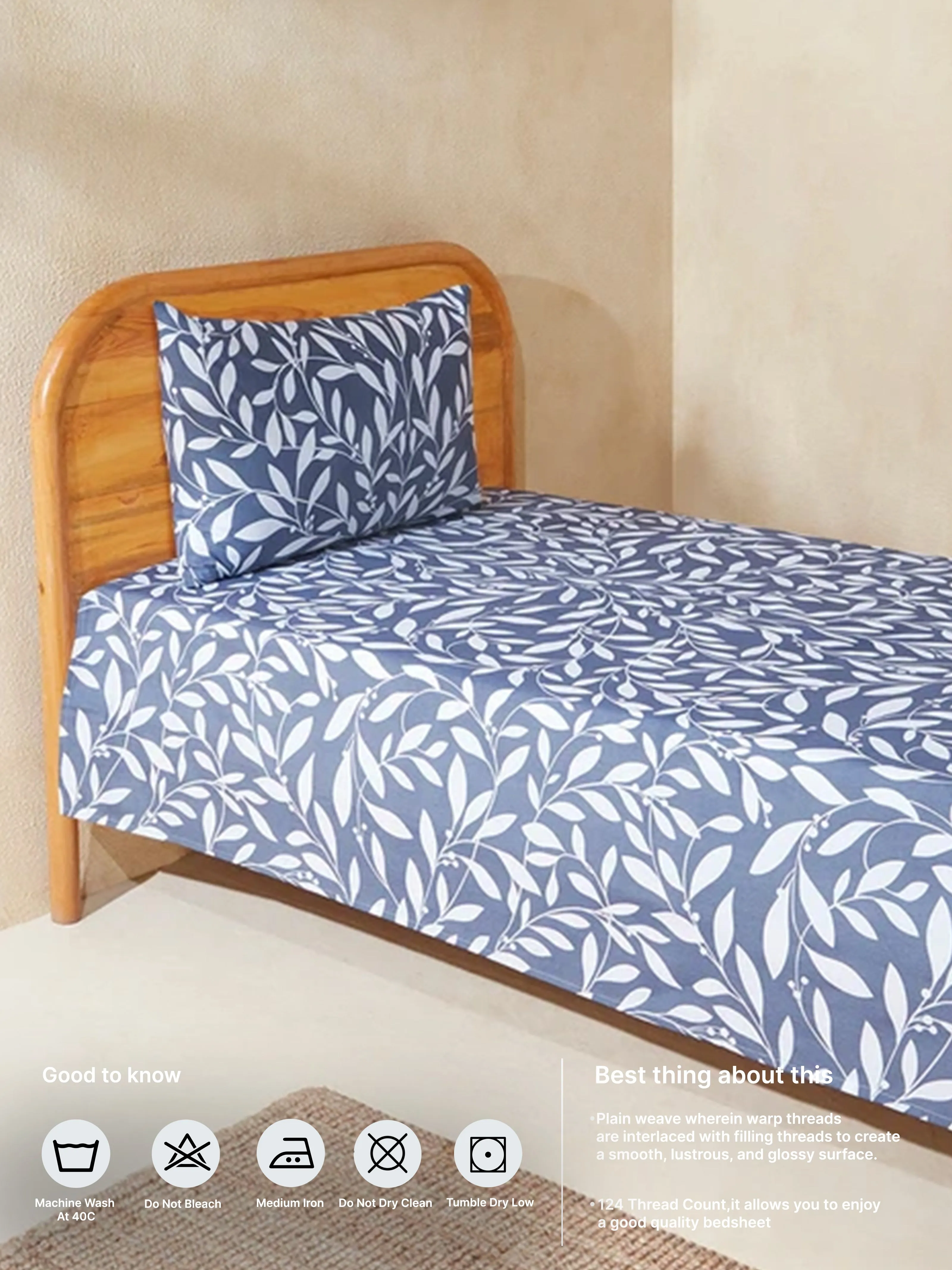 Westside Home Dark Blue Leaf Design Single Bed Flat Sheet and Pillowcase Set