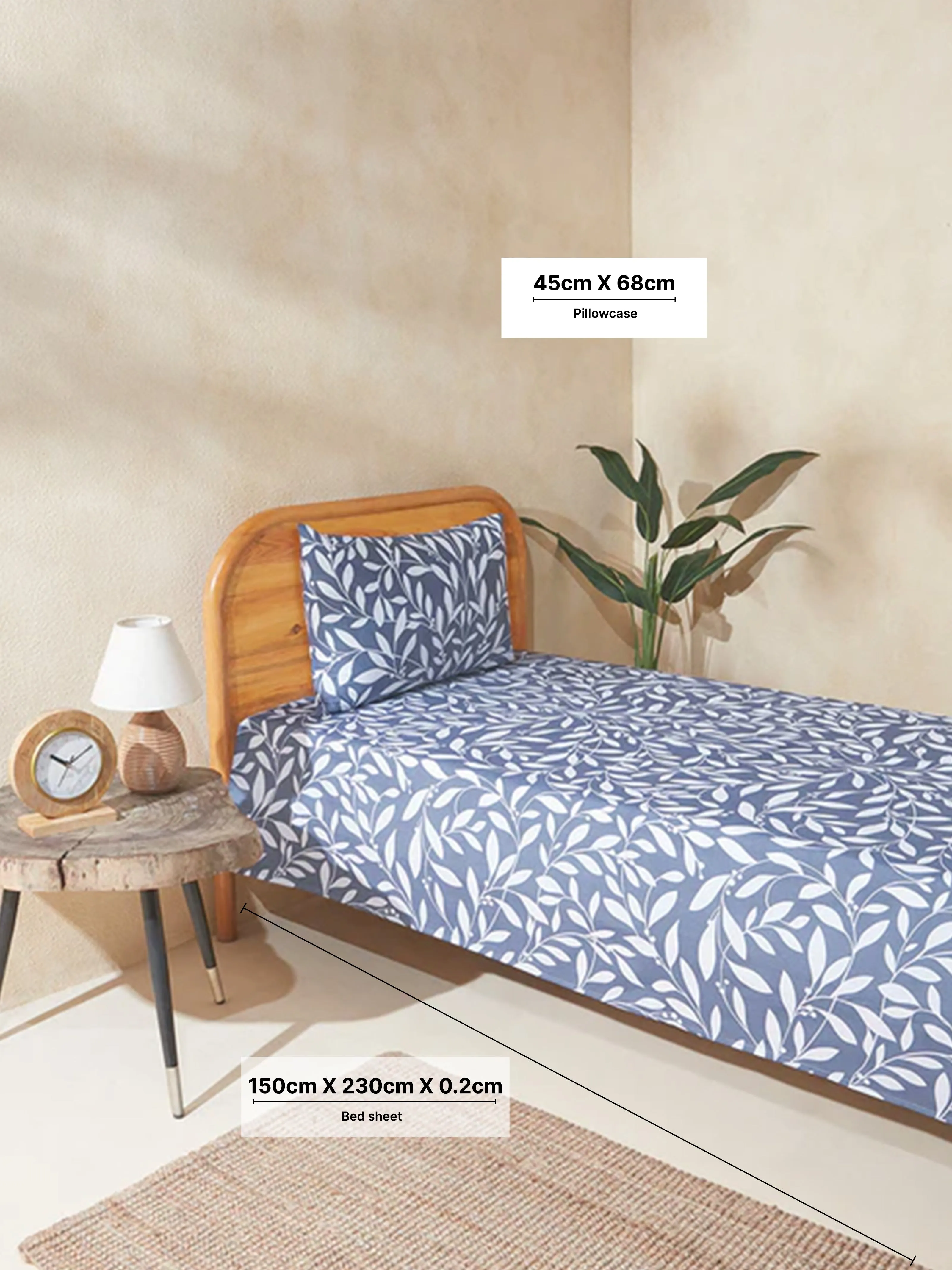 Westside Home Dark Blue Leaf Design Single Bed Flat Sheet and Pillowcase Set