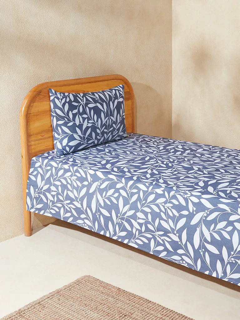 Westside Home Dark Blue Leaf Design Single Bed Flat Sheet and Pillowcase Set