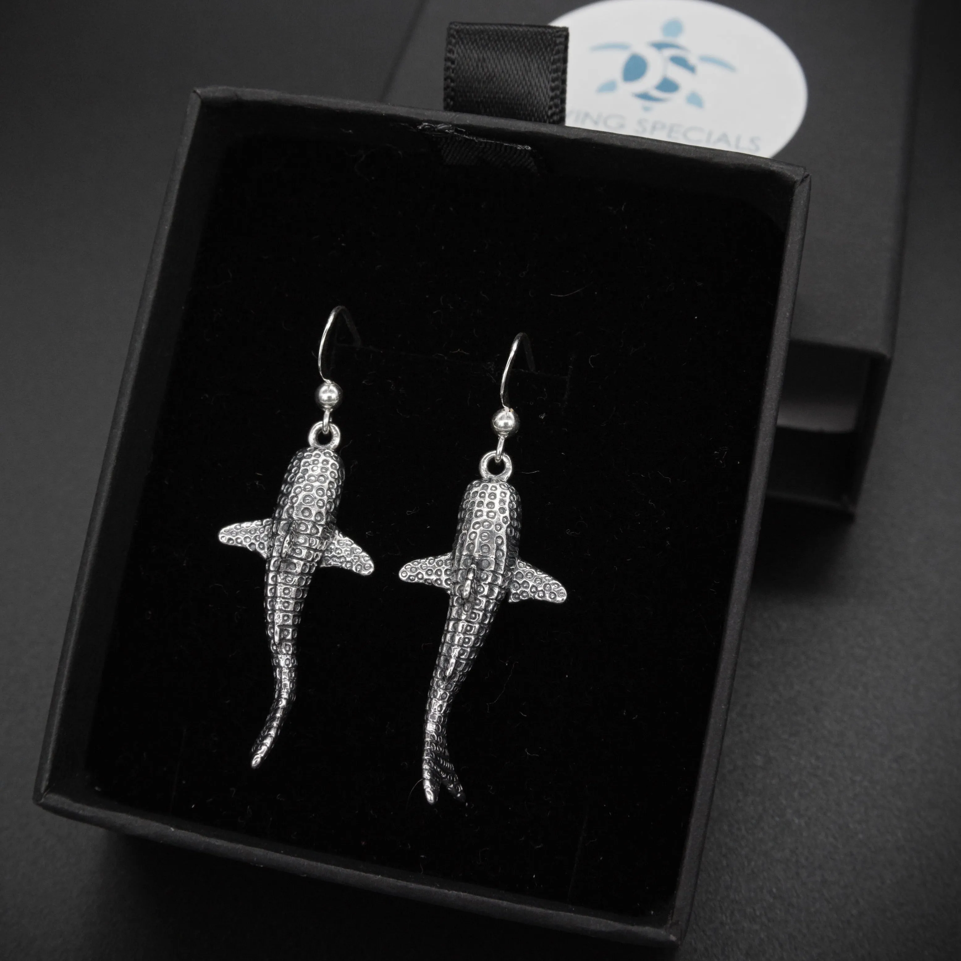 Whale Shark Hook Earrings - 925 Real Sterling Silver